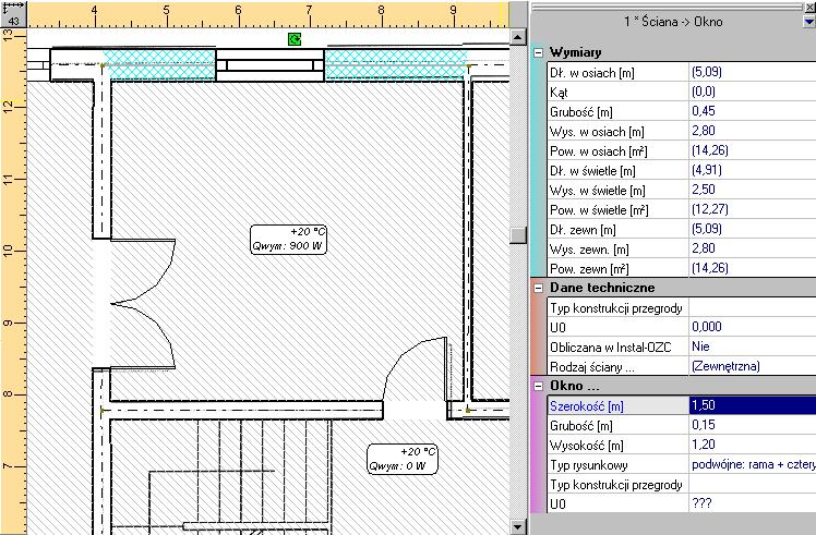 Lekcja 2: Instal-therm 4 HC 9. W ten sam sposób postępujemy z oknem. Wybieramy element Okno i wstawiamy na obszar rysunkowy w obrębie ściany. Uzupełniamy typ i rozmiar w tabeli danych.