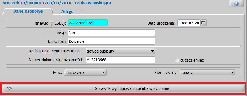 W górnej części okna, znajduje się, wyróżniona niebieskim kolorem informacja, że wskazujemy wnioskodawcę. Poniżej, na zakładce Dane osobowe, należy podać podstawowe dane osobowe.