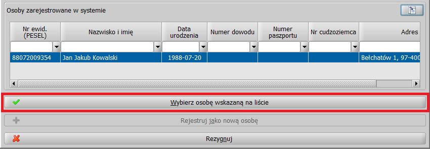 W sprawdzeniu czy wyszukana osoba jest na pewno tą, która ma się znaleźć we wniosku, może nam pomóc ikona przeglądania, umieszczona nad listą znalezionych osób pokazuje ona pełne dane osobowe