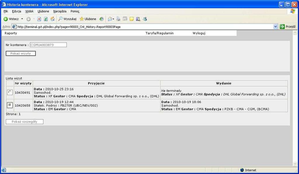 Rys. 9. Przycisk Pokaż wizyty wyświetli wszystkie wizyty danego kontenera od początku działalności terminalu GCT (rys. 10).