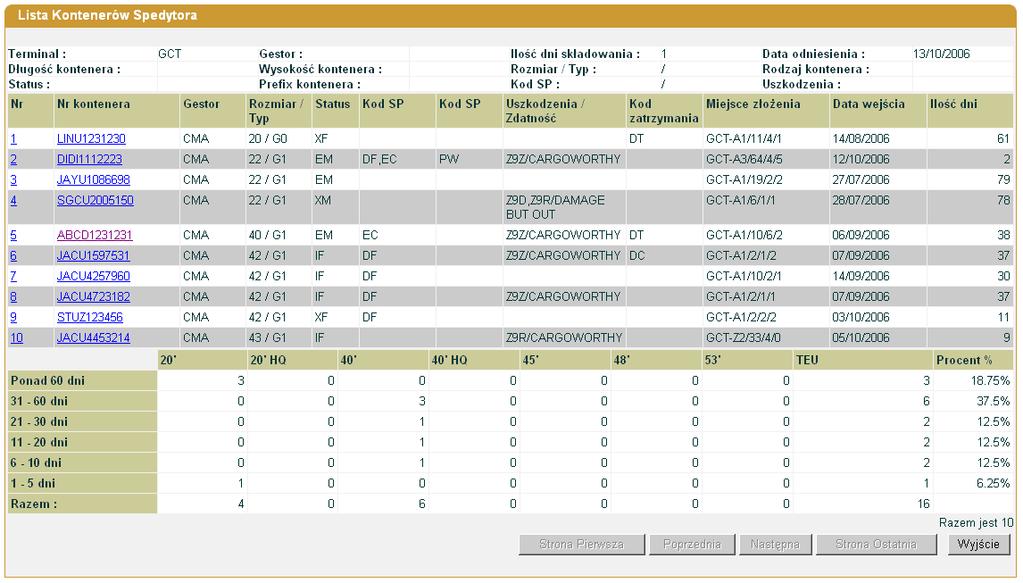 Rys. 20. W oknie Lista kontenerów spedytora (rys. 20) numer kontenera jest wyświetlony w kolorze niebieskim, stanowi on skrót do karty kontenera.