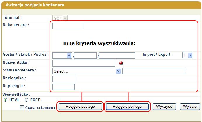 3.2.2. Tworzenie awizacji podjęcia kontenera Aby stworzyć awizację podjęcia kontenera w oknie Awizacja podjęcia kontenera (rys. 31) należy najpierw wyszukać żądany kontener lub kontenery (patrz pkt.