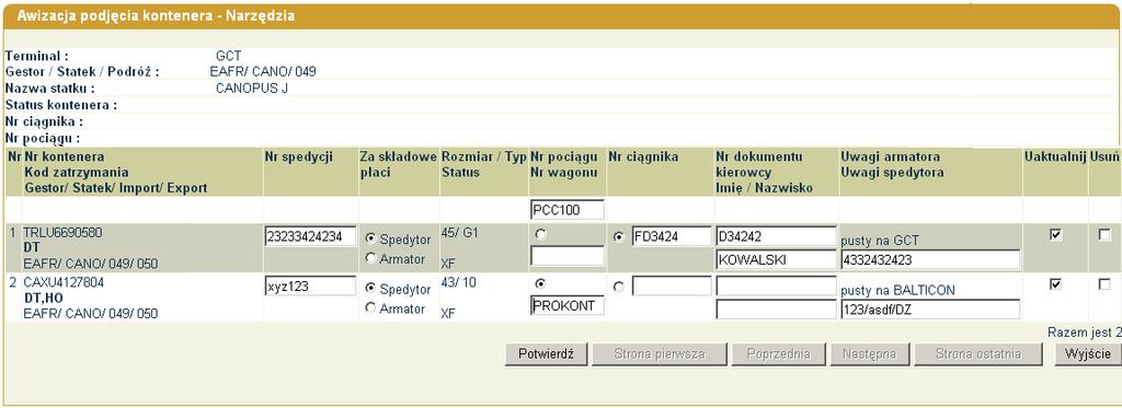 Rys. 32. w przypadku transportu drogowego (rys. 32 poz. 1): należy wybrać opcję Nr ciągnika.