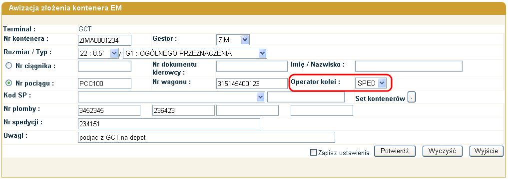 3.3.4. Tworzenie awizacji złożenia kontenera ponadgabarytowego Aby zaawizować kontener z ładunkiem ponadgabarytowym należy postępować jak w punkcie 3.3.1. (str. 34).