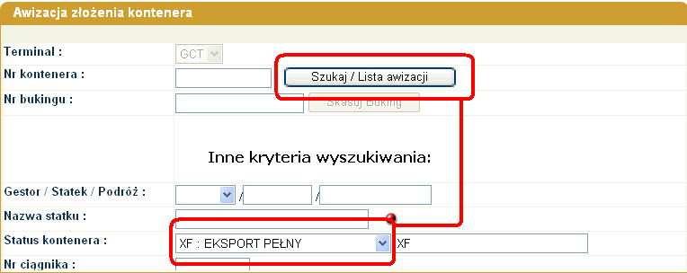 41) należy wyszukać żądany kontener (podając nr kontenera) lub kontenery (podając wspólne dane dla szukanej grupy (np. wszystkie kontenery eksportowe jak na rys.