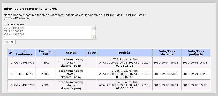 należy wpisać jeden lub więcej numerów kontenera (z kreską przed cyfrą