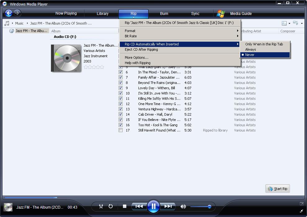 4 Włóż płytę Audio CD do napędu CD komputera. > Wszystkie utwory z płyty CD pojawią się na ekranie. Domyślnie, Windows Media Player rozpocznie zgrywanie wszystkich utworów z płyty CD.