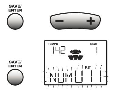 6. Jeśli odpowiada Ci brzmienie padów, możesz zachować je w postaci nowego zestawu użytkownika. Wciśnij przycisk SAVE/ENTER, a następnie symbol - lub +, aby wybrać komórkę z przedziału od U11 do U15.
