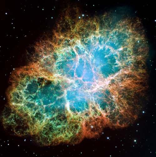 Mgławica Krab. Jest to pozostałość po supernowej, której eksplozja była obserwowana przez chińskich astronomów w 1054 roku.