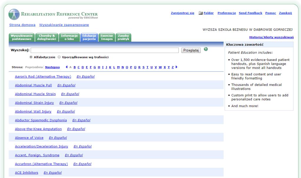 Zakładka Edukacja pacjenta zapewnia konkretną lokalizację, aby wyszukać oparte na dowodach materiały opisowe pacjentów.