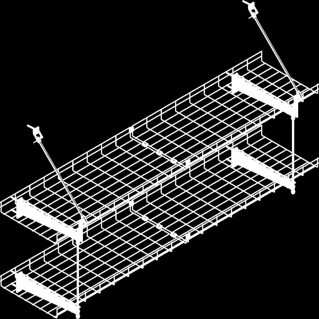 System E-, E-90 Przykład konstrukcji do ułożenia przewodów na korytku siatkowym typu ściana. Możliwość mocowania pręta do ściany za pomocą uchwytu WPPGV/WPPOV i śruby tulejowej rozporowej PSROM.