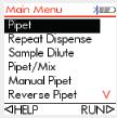 a) Wybór trybu W głównej ofercie menu (Main Menu) można przy pomocy okrągłego kółka dotykowego wybrać wymagany program pipety lub wybrać funkcję Custom (program użytkownika) i stworzyć własny