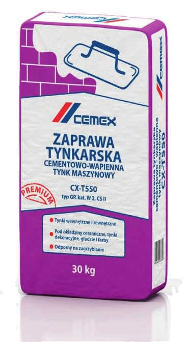 Zaprawa tynkarska cementowo-wapienna tynk maszynowy CX-T550 PREMIUM Zastosowanie Do maszynowego wykonywania zewnętrznych i wewnętrznych wypraw tynkarskich o powierzchni kategorii III i wytrzymałości