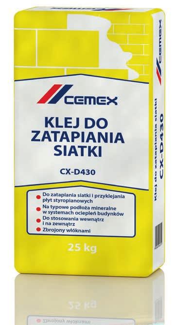 Klej do zatapiania siatki CX-D430 Zastosowanie Do przyklejania płyt styropianowych na podłożach mineralnych oraz do zatapiania siatki zbrojącej w systemach ociepleń budynków.