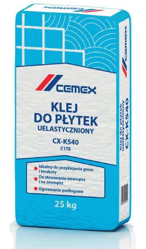 Klej do płytek uelastyczniony CX-K540 Zastosowanie Do przyklejania różnego rodzaju płytek gresowych, wielkowymiarowych, płytek glazurowanych, terakotowych i kamiennych (poza marmurowymi).