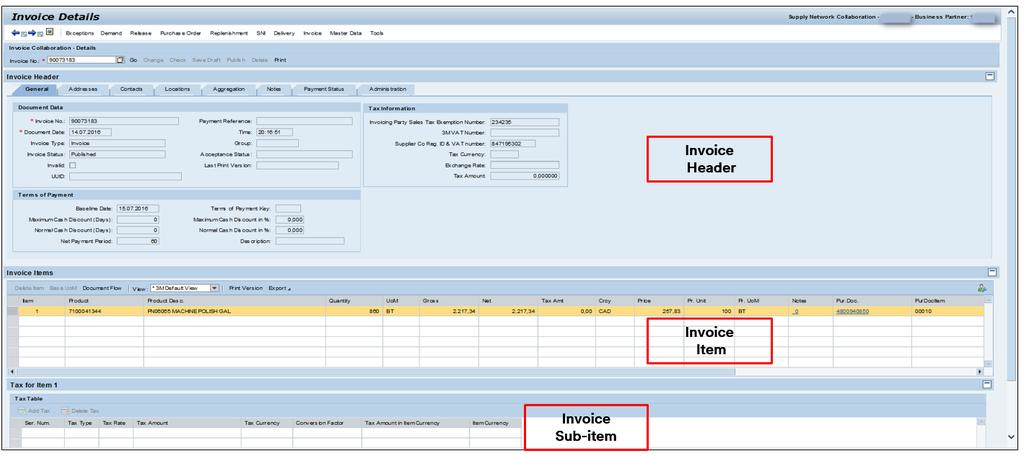 Struktura faktury Na fakturę składają się trzy sekcje: nagłówek faktury (Invoice Header), pozycja faktury