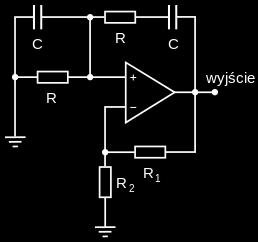 Generator z mostkiem Wiena Z 2 Z 1 Z 1 U + U Z 2 Napięcie podane na wejście ( ): U = R 2 +R 2 U WY Napięcie podane