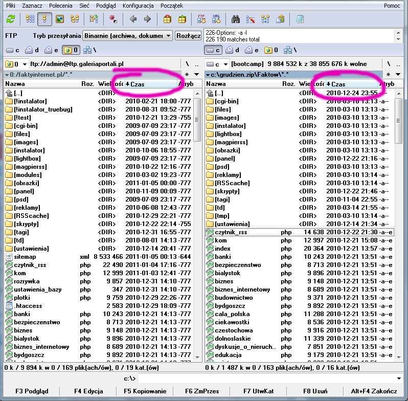 W programie Total Commander możesz porównać pliki znajdujące się na serwerze z tymi z aktualizacji wybierając sortowanie według daty Czas ze strzałką w dół: W przeciwnym wypadku możesz zainstalować