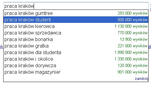 Google automatycznie podpowie najbardziej popularne frazy. Możesz zarejestrować domenę np. pracakrakow.pl. Z taką domeną bez problemu uda się wypozycjonować Twój serwis na frazę praca Kraków.