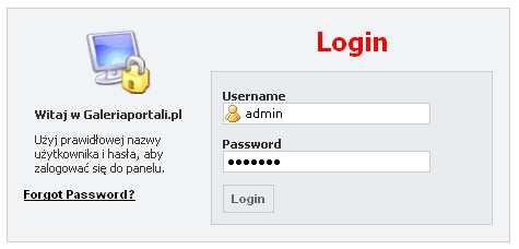 0.1. Logowanie do panelu administracyjnego: Aby zalogować się do panelu administracyjnego serwera użyj adresu: http://galeriaportali.
