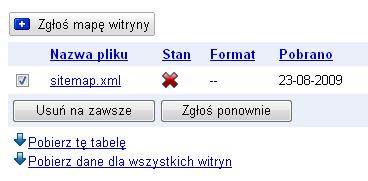 3. Zaznacz pole obok sitemap.xml i kliknij przycisk Zgłoś ponownie. 4. Pole Stan zmieni ikonę z czerwonego krzyżyka na zegar. 5.