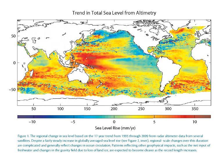 Średni poziom oceanów Mapa regionalnych różnic wzrostu poziomu oceanów.