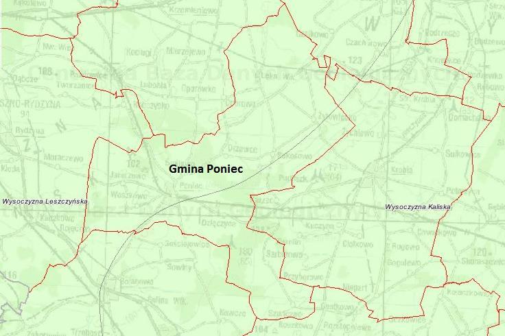 Rysunek 3. Położenie geograficzne Gminy Poniec Źródło: Centralna Baza Danych Geologicznych, http://bazagis.pgi.gov.