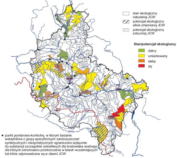 Rysunek 5. Stan/potencjał ekologicznego JCW płynących w województwie wielkopolskim w 2015 r.