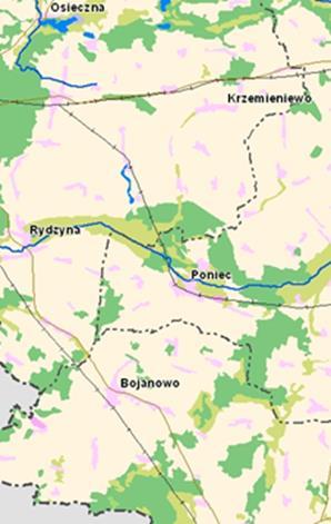 Rysunek 8. Obszar Gminy Poniec narażony na niebezpieczeństwo powodzi Źródło: www.kzgw.gov.