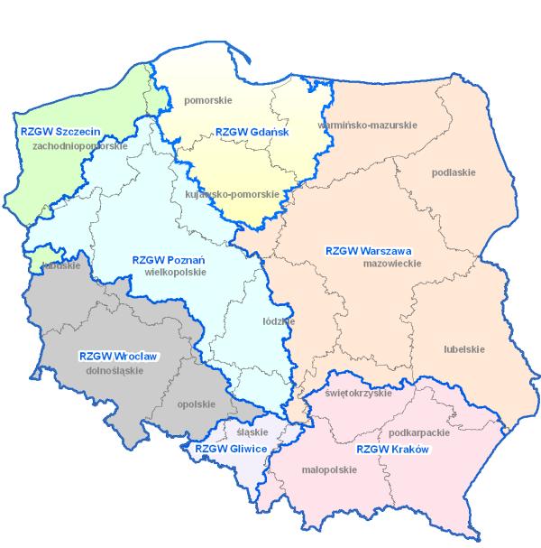 REGIONALNE ZARZĄDY GOSPODARKI WODNEJ (RZGW) Poszczególne RZGW działają w obszarze następujących regionów wodnych: Gdańsk region wodny Dolnej Wisły Gliwice region wodny Małej Wisły, region wodny