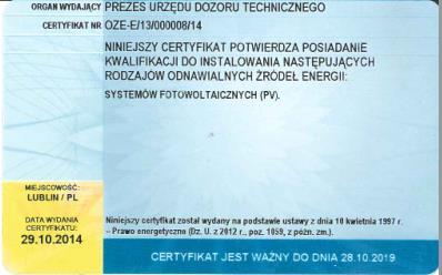 Audytor - certyfikowany instalator Legitymuje się wydanym przez UDT Certyfikatem Instalatora Odnawialnych Źródeł Energii w