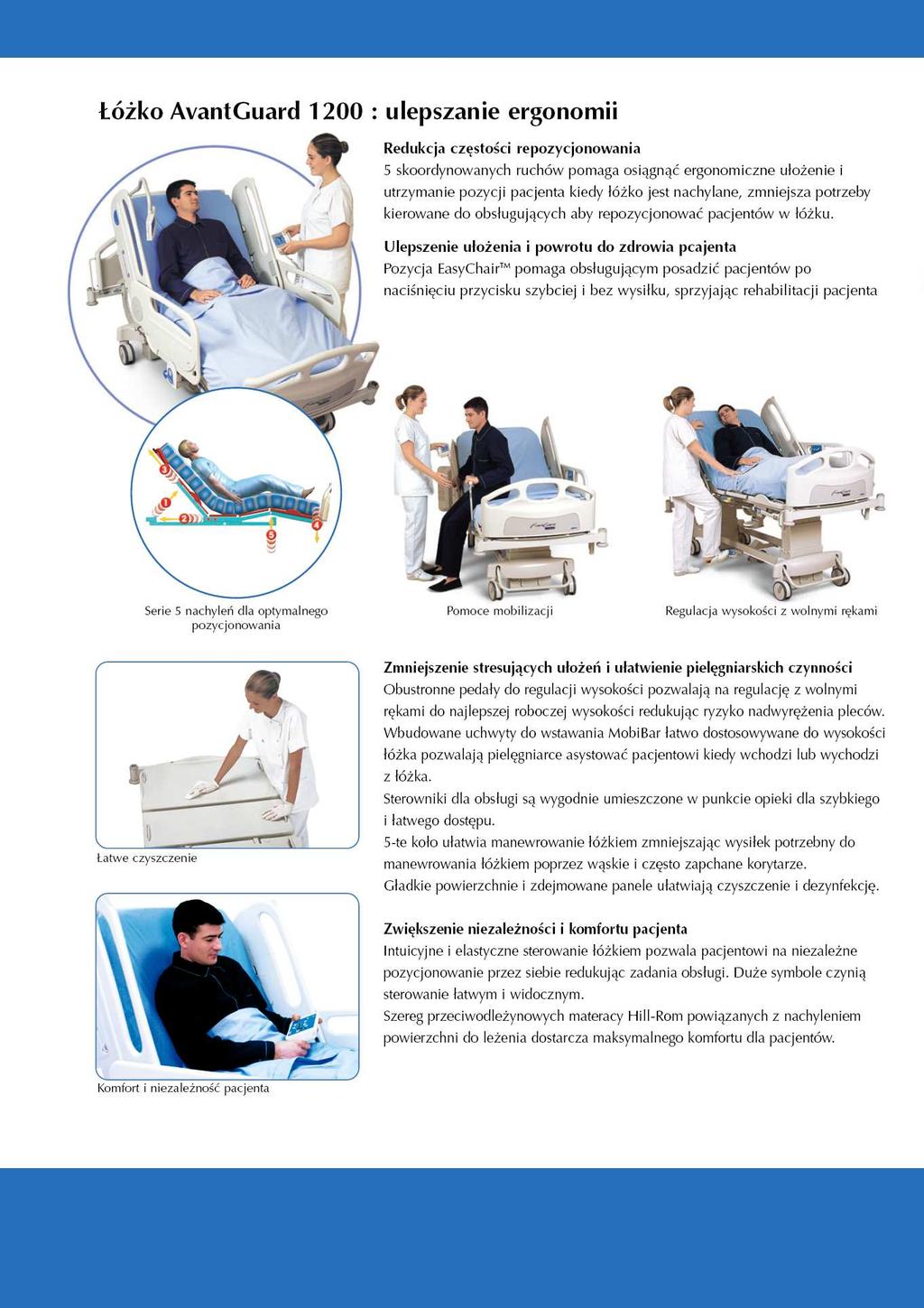 Łóżko AvantGuard 1200: doskonała ergonomia Redukcja częstości repozycjonowania 5 skoordynowanych ruchów łóżka pomaga osiągnąć ergonomiczne ułożenie i utrzymanie pozycji pacjenta, kiedy regulowane są