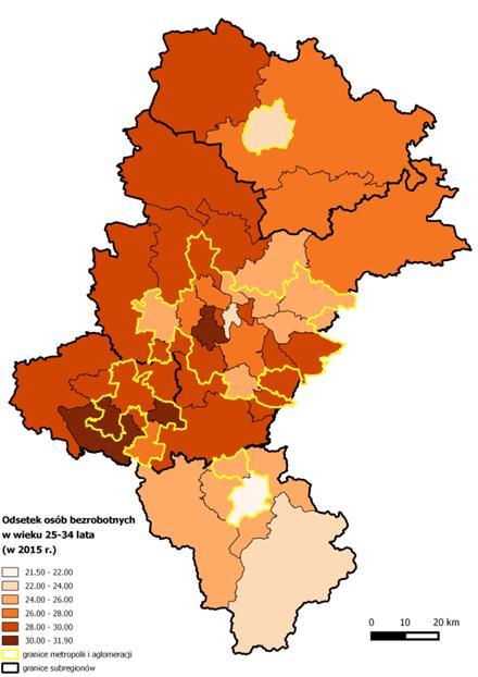 Mapa 4 Odsetek osób bezrobotnych w województwie śląskim w wieku 24 i mniej w roku 2015. Mapa 5 Odsetek osób bezrobotnych w województwie śląskim w wieku 24-34 lat w roku 2015.