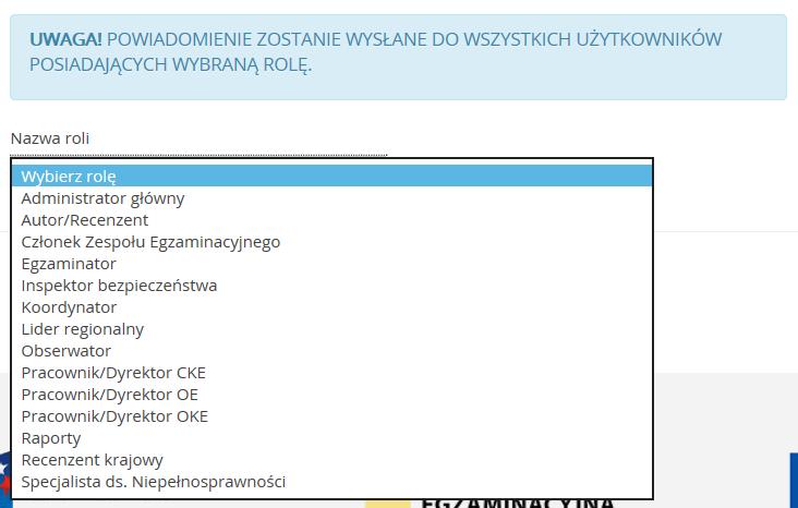 Rys. 20Wybór odbiorców wg roli o Zakładka umożliwia wysłanie wiadomości do wszystkich użytkowników o określonej roli, którzy