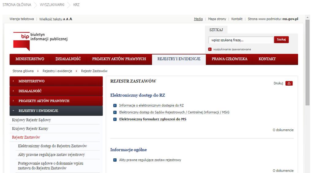 Rys. 141 Wyszukiwarka KRZ: Biuletyn informacji publicznej (fragment) 11. Weryfikacja stanu systemu Przed zgłoszeniem problemu z aplikacją należy wykonać raport weryfikacji stanu systemu.