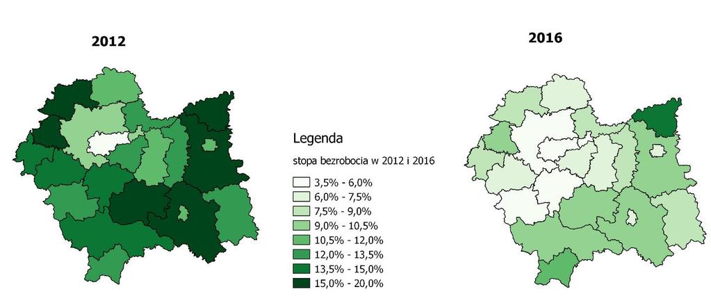 Mapa 1. Stopa bezrobocia rejestrowanego w powiatach w 2012 oraz 2016 roku Mapa 2.