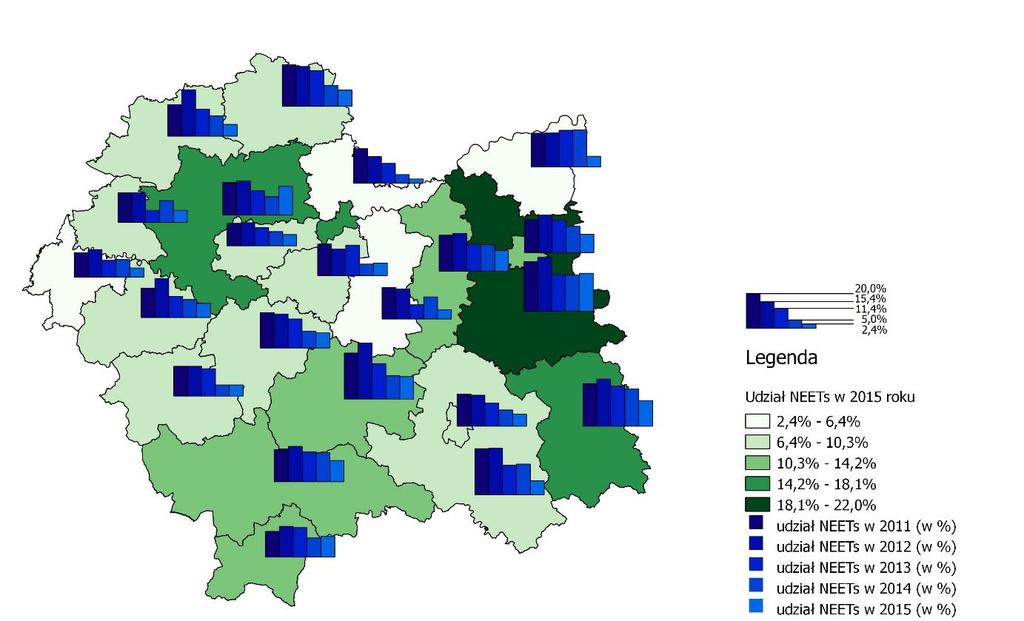 Mapa 5. Udział NEETs wśród absolwentów kończących naukę w 2015 roku oraz latach 2011-2015 Badania prowadzone wśród absolwentów szkół zawodowych w Małopolsce ma charakter unikatowy.