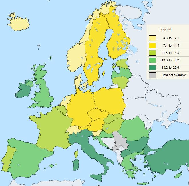 Mapa 6. Udział NEETs w grupie wiekowej 15-24 lat w 2011 roku Źródło: Eurostat Na koniec 2015 roku w Polsce udział NEETs wynosił 11%. W Polsce wartość wskaźnika poprawiła się o 0,5 p.p. to w krajach Unii Europejskiej spadek był wyższy wyniósł 0,9 p.