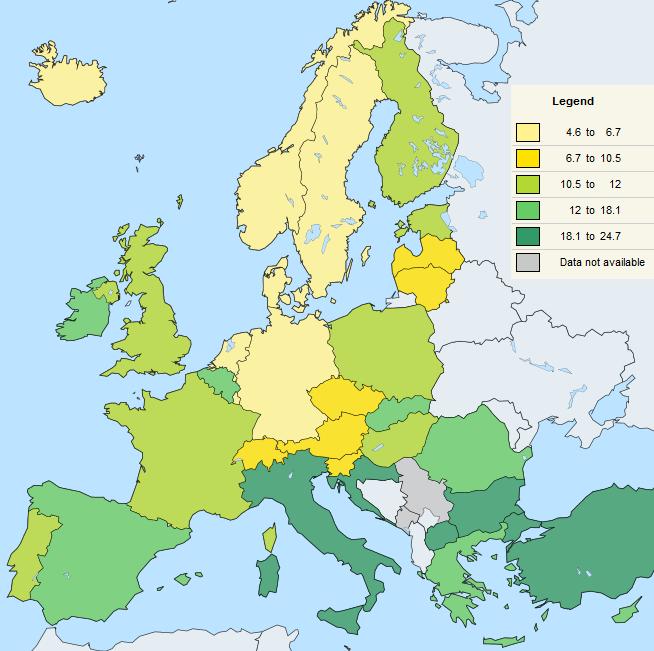 Mapa 7. Udział NEETs w grupie wiekowej 15-24 lat w 2015 roku Źródło: Eurostat Bezrobotni Po roku od ukończenia szkoły do NEETs należało 9% absolwentów szkół zawodowych.