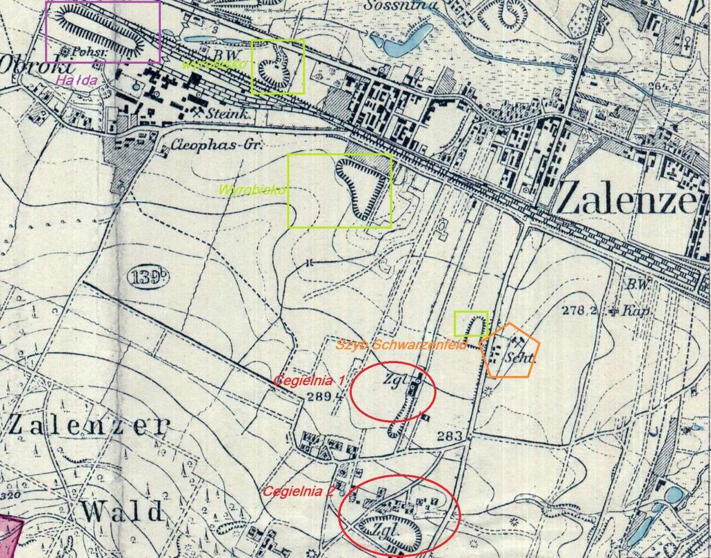 13 1916 r. Mapa z 1916 r. przedstawia zakończenie pierwszego etapu budowy kopalnianych familoków. Pozostałe wolne parcele, przy Bahnstrasse (dziś ul. Wyplera), Querstrasse (dziś ul.