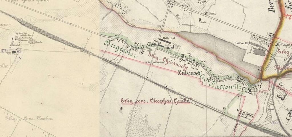 7 Kolejne etapy załęskiej historii cegłą pisanej prześledzimy na mapach z lat: 1883; 1902; 1916 i 1933. 1883 r.