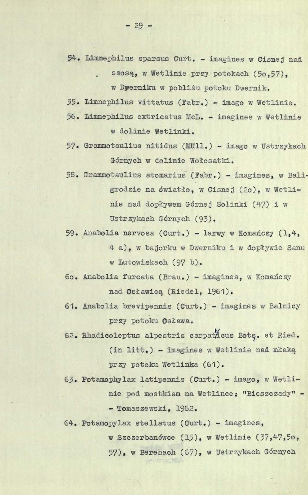 - 29-54. LimnepMlus sparsus Curt. - imagines w Cisnęj nad szosą, w Wetlinie przy potokach (5o,57), w Dyerniku w pobliżu potoku Dwernik. 55» LimnepMlus vittatus (Fabr.) - imago w Wetlinie. 56.