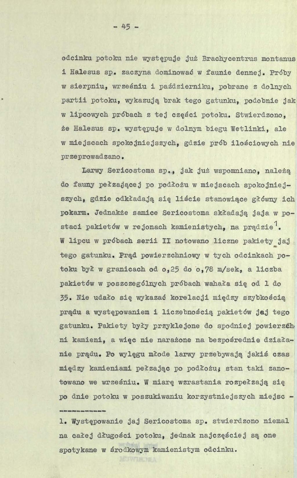 - 4-5 - odcinku potoku nie występuje już Brachycentrus montanus i Halesus sp. zaczyna dominować w faunie dennej.