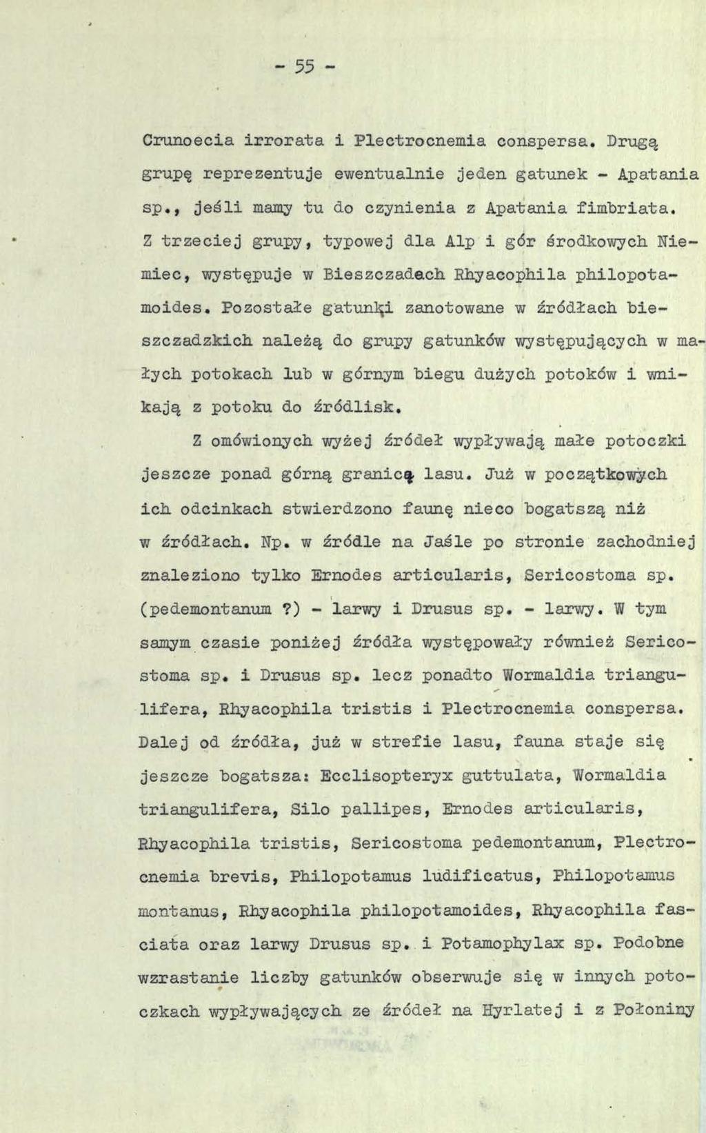 - 55 - Crunoecia irrorata i Plectrocnemia conspersa. Drugą grupę reprezentuje ewentualnie jeden gatunek - Apatania sp., jeśli mamy tu do czynienia z Apatania fimbriata.