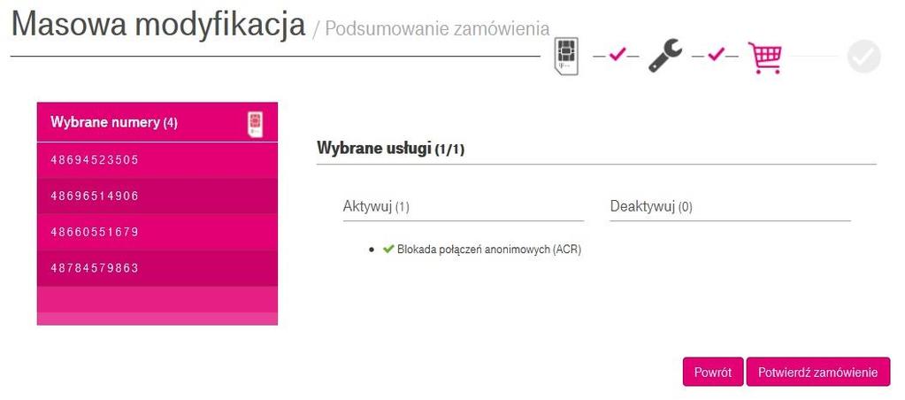 W następnym kroku możemy aktywować, dezaktywować lub modyfikować konkretne usługi dla wcześniej zdefiniowanych numerów telefonicznych. Po wybraniu interesującej nas usługi klikamy przycisk Dalej.