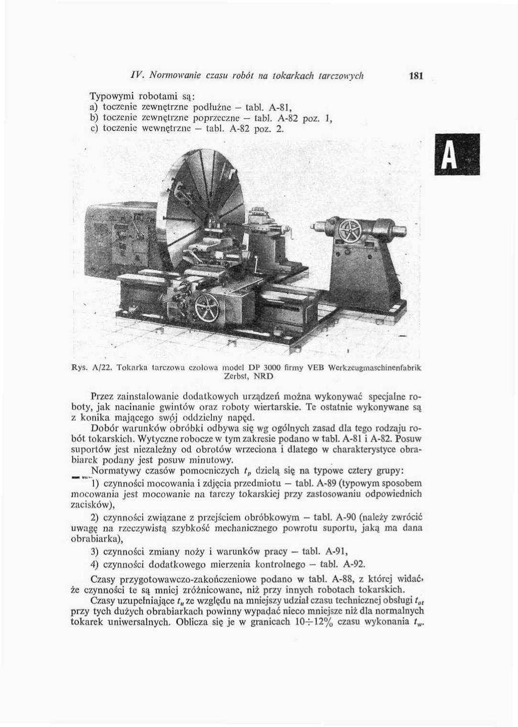 IV. Normowanie czasu robót na tokarkach tarczowych 8 Typowymi robotami są: a) toczenie zewnętrzne podłużne tabl. A-8I, b) toczenie zewnętrzne poprzeczne labl. A-8 poz., c) toczenie wewnętrzne tabl.