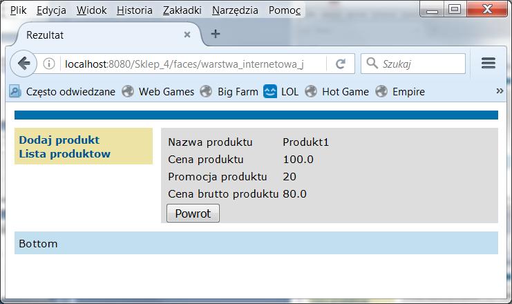 3. Dodanie konwerterów domyślnych po uruchomieniu programu na stronie dodaj_produkt2.xhtml pojawia się format danych typu int i float w polach do wprowadzania ceny i promocji.