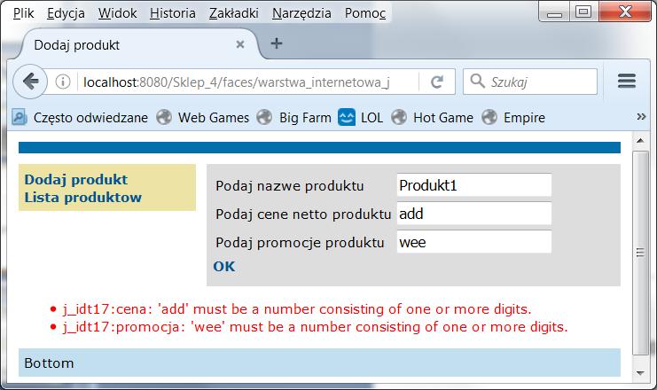 Efekt działania domyślnych konwerterów w przypadku wprowadzenia niepoprawnych danych Efekt działania konwertera domyślnego typu Float Efekt działania konwertera domyślnego