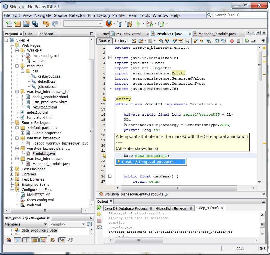 5. Modyfikacja kodu klasy Produkt1 dodanie atrybutu data_produkcji typu Date. W celu dodania importu klasy Date należy wykonać Fix Imports.