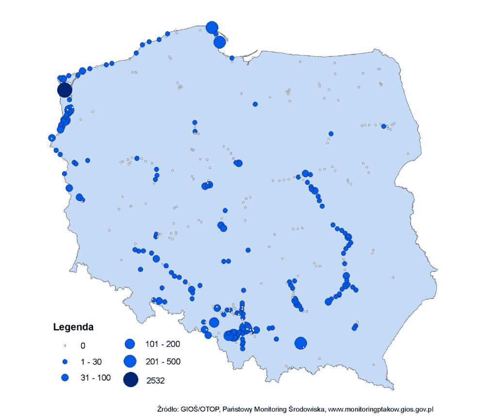 zgrupowań kormoranów w Polsce, na obiektach